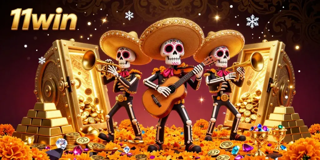 Engage in thrilling casino action with the vibrant 11win skeleton mariachi band amidst gold treasures.