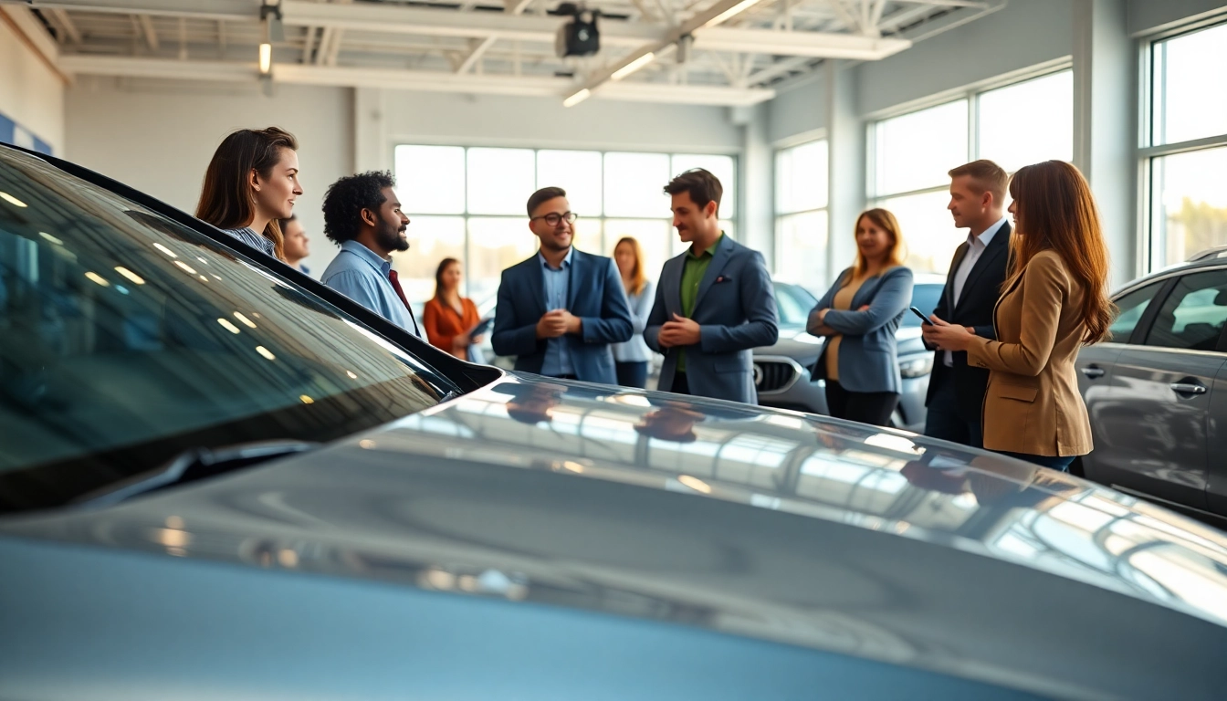 Auto kaufen in einem modernen Autohaus mit verschiedenen Interessenten und einem neuen Fahrzeug.
