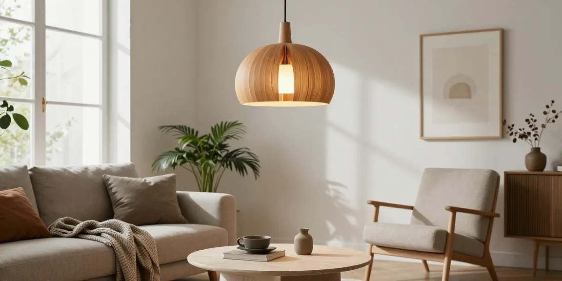 Gemütliches skandinavisches Wohnzimmer mit einer Hängeleuchte Holz Skandinavisch, die eine warme Atmosphäre schafft.