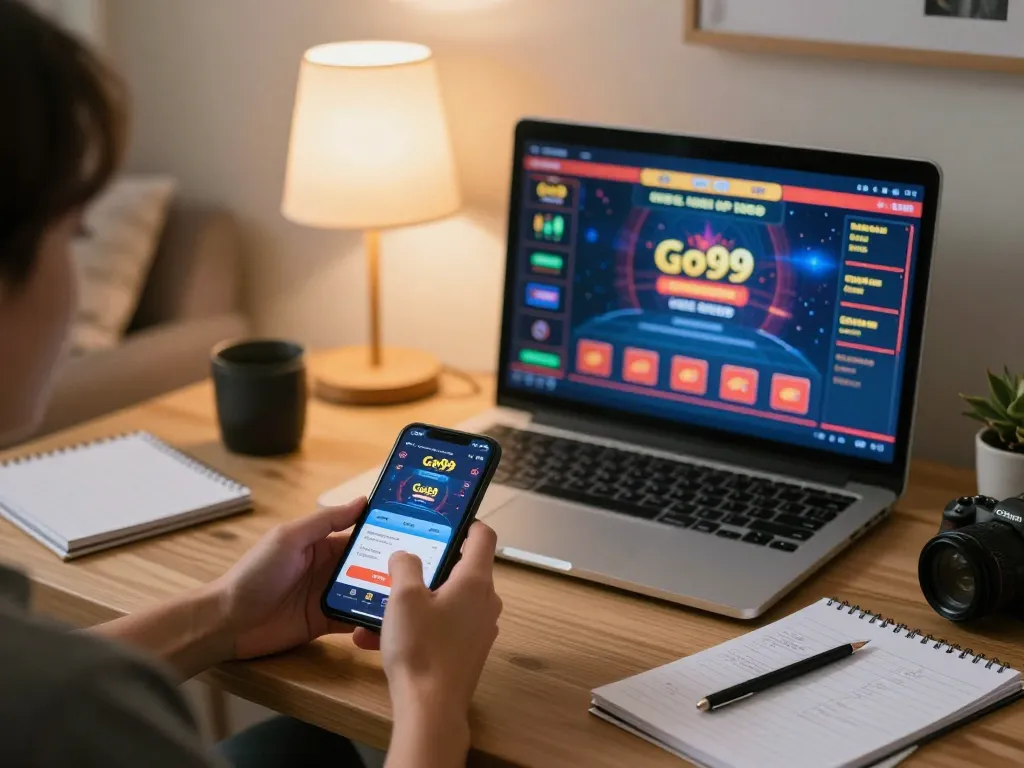 Engaging with the Go99 casino app in a cozy home setup, showcasing friendly online gambling experience.