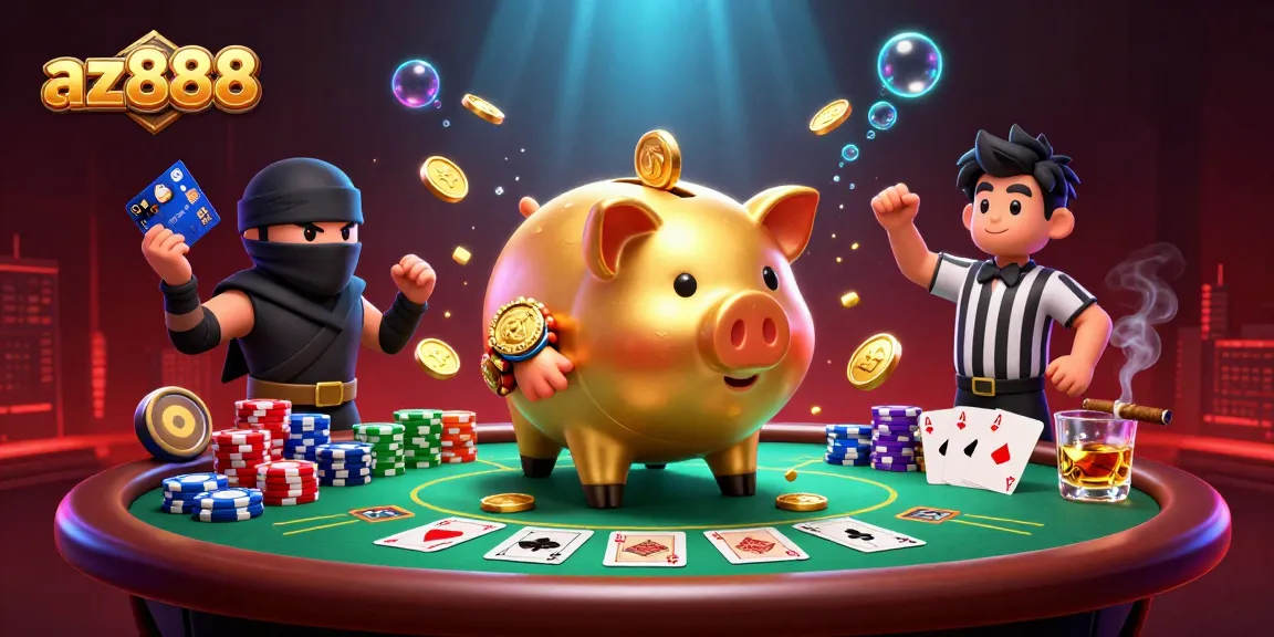 Watch az888's vibrant casino action with a golden piggy bank sumo wrestler and poker elements.