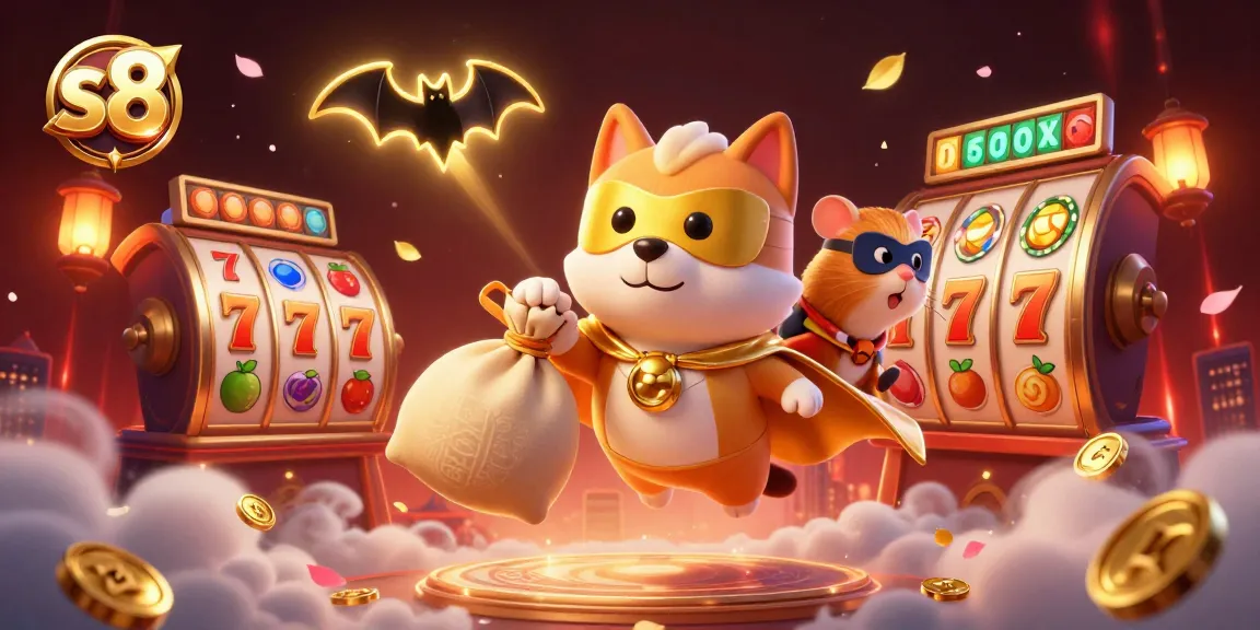 S8 casino game scene with a superhero dog carrying gold coins, immersive and vibrant action.