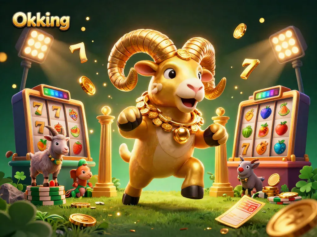 Engage with Okking's exciting slots featuring a massive golden ram amidst dynamic casino elements and rich visuals.