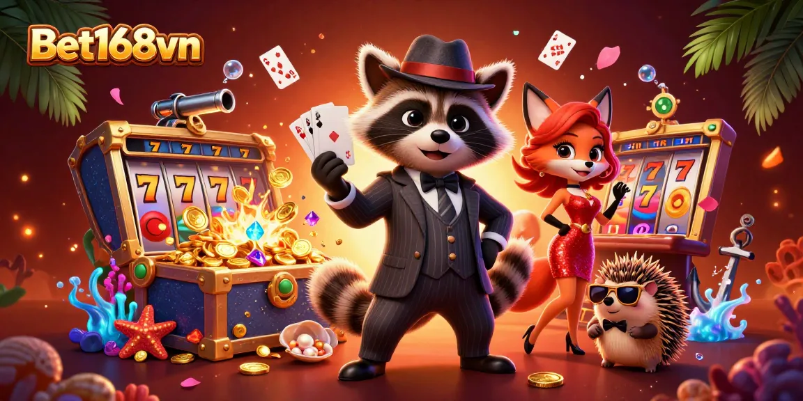 Bet168vn showcases thrilling slot action with raccoon in a tuxedo, winning big at the casino.