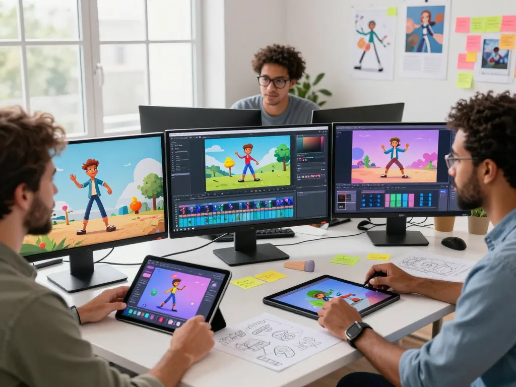 Creating animated characters with free motion control in a modern workspace.
