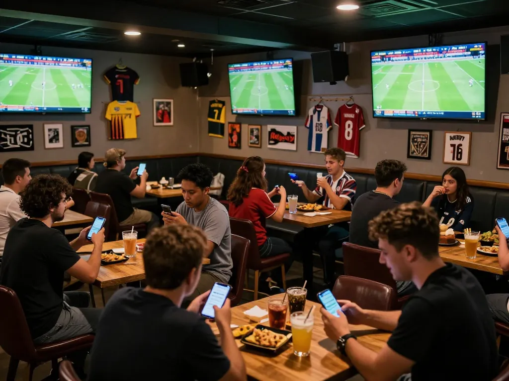 Excited sports bettors using 7m-7m app for live match updates in a vibrant sports bar setting