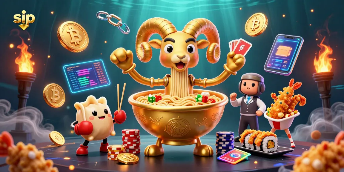 Sip into the action with a vibrant scene featuring a golden ramen bowl dealer amidst crypto coins!