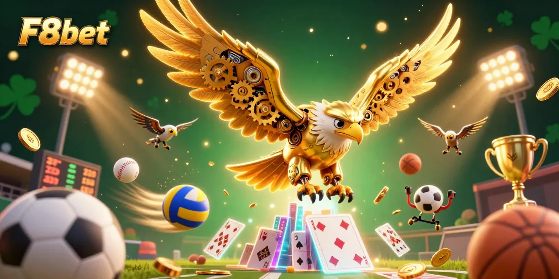 Engage with F8bet's vibrant 3D illustration featuring a golden eagle diving through dynamic casino elements.