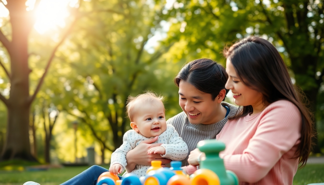 Erinnerungen fürs erste Jahr mit glücklichen Eltern und ihrem Baby im Park.