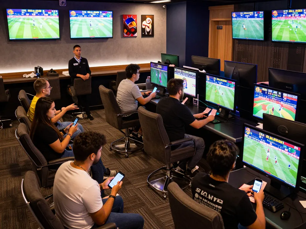 Man88 bettors engaging with live sports betting interface in an energetic lounge environment