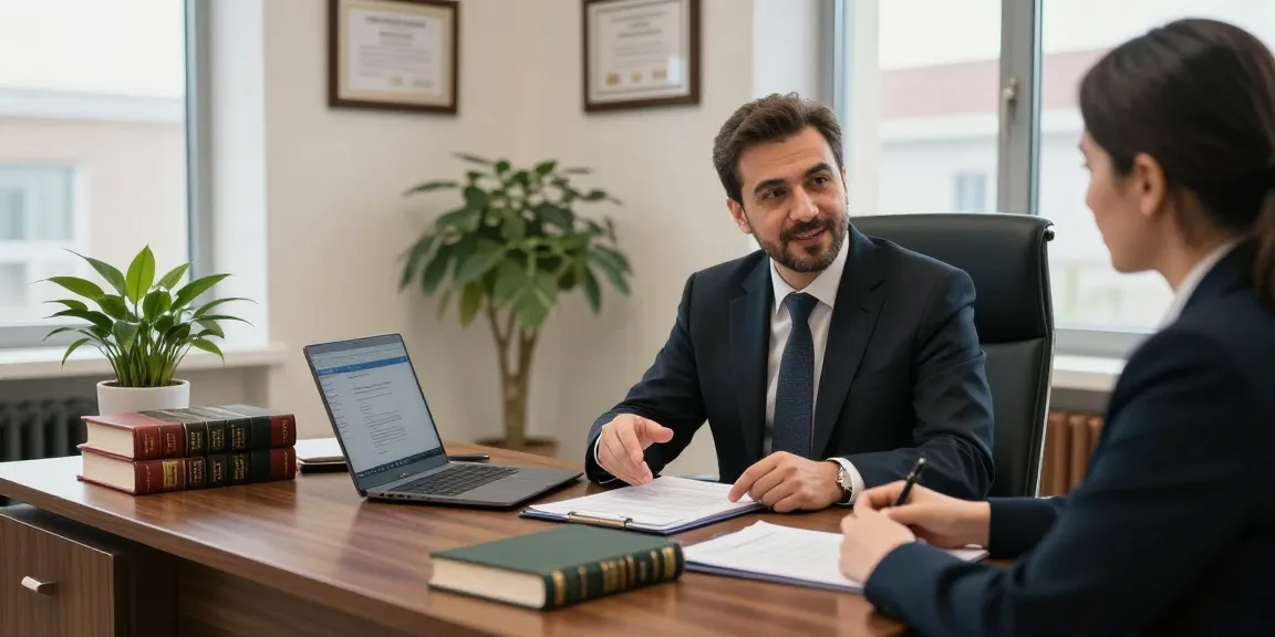 Turkish lawyer consulting with a client in a well-lit office, showcasing professionalism and legal expertise.