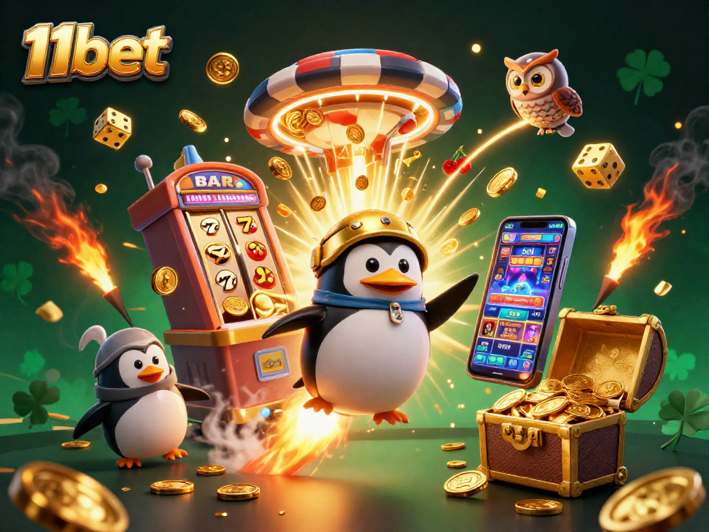 Experience the thrill of winning with 11bet in this vibrant casino-themed illustration showcasing 3D elements.