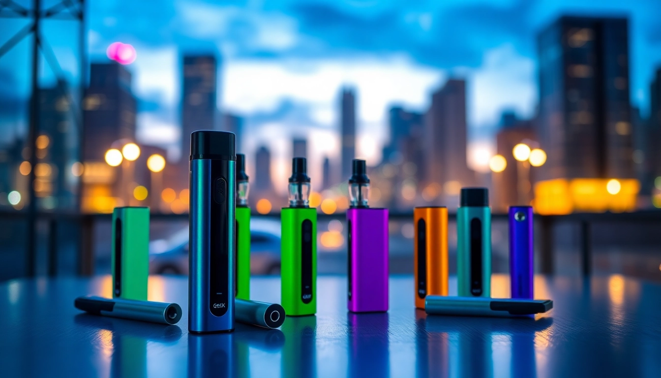 Showcase of geekthc disposable vapes against a vibrant city skyline with dramatic lighting.