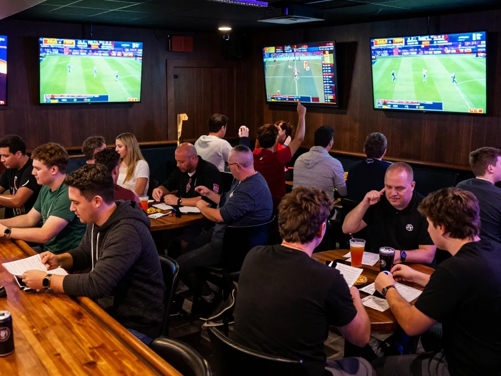 Fans cheering and analyzing bets during an intense sports event at Fabet