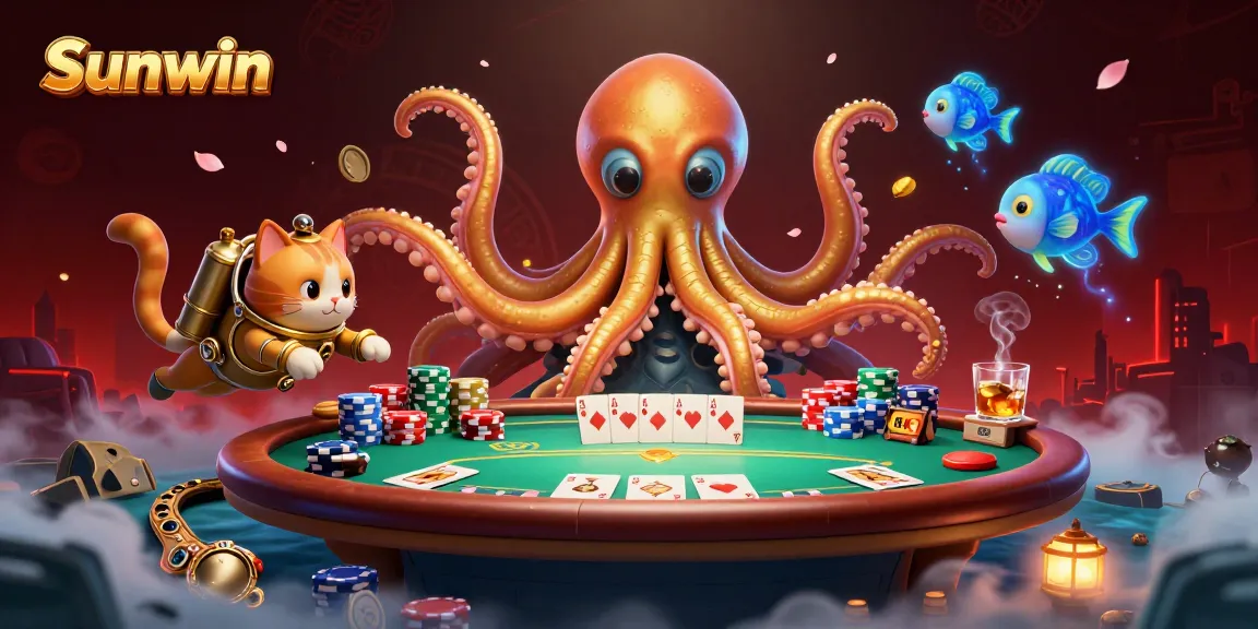 Sunwin brings excitement to players with a kraken and diving cat in a dynamic 3D casino setting.