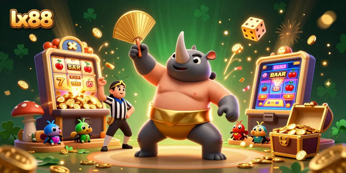 Experience the excitement of lx88 with a vibrant scene of a sumo champion beetle amidst jackpot explosions and colorful casino elements.