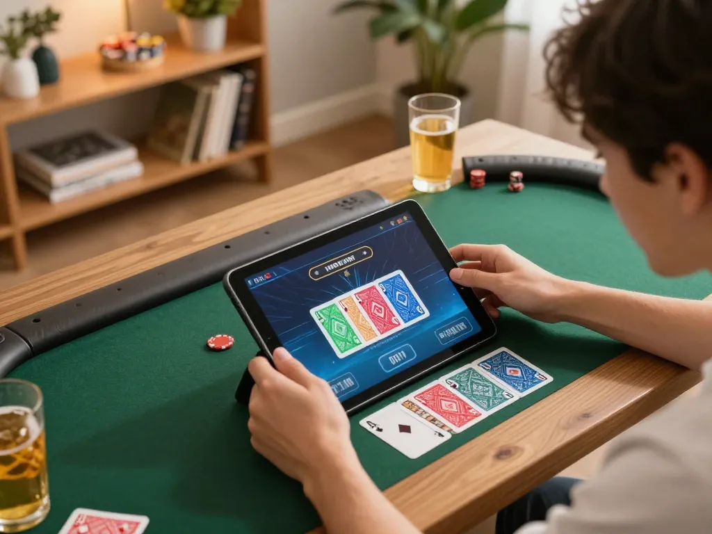 Engaging online poker action at home with 78winvina tablet, highlighting strategic gameplay in cozy setting
