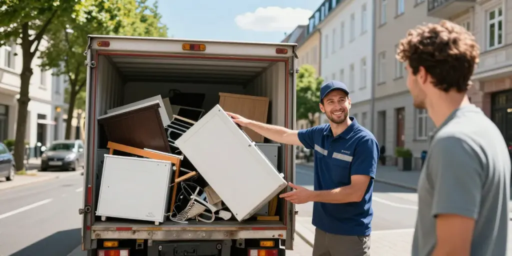 Effiziente Sperrmüllabholung Berlin: Freundlicher Service-Mitarbeiter lädt Möbel in den Transporter.