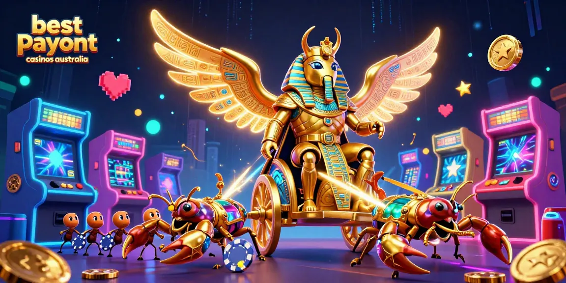 Engage with the best payout casinos Australia illustrated by golden beetles, scorpions, and poker chips.