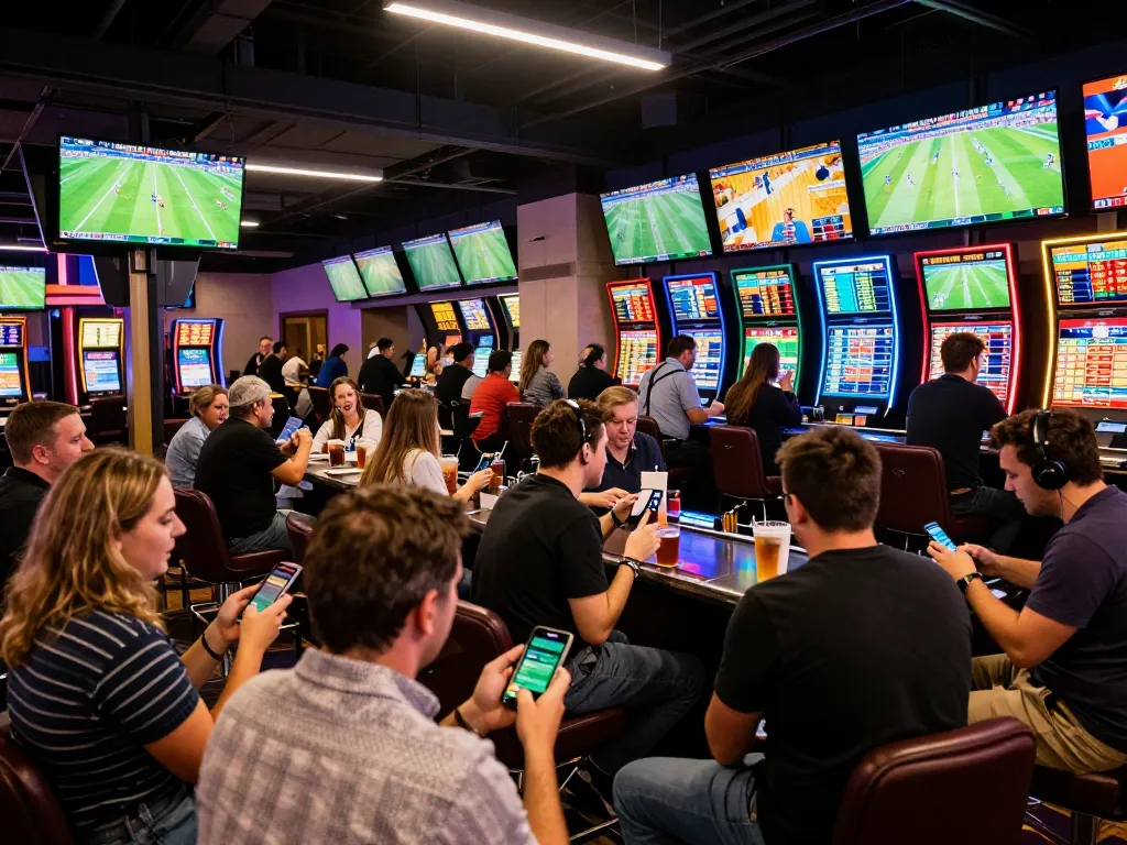 Excited patrons actively betting on football matches at a sports betting area, แทงบอล strategies in action with mobile apps.