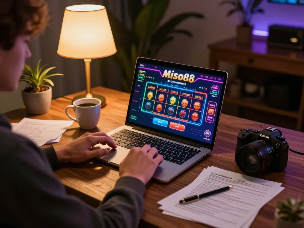 Miso88 player strategizing in a cozy environment during online casino session.