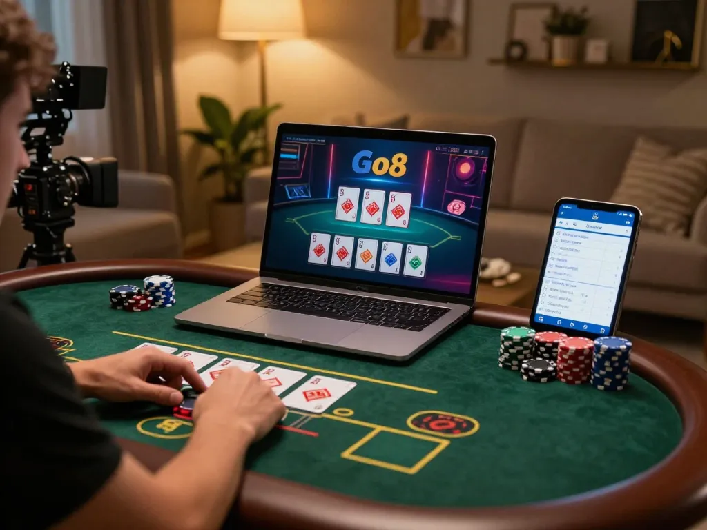 Player engaging in live dealer game on Go8 through a laptop, showcasing strategic online gambling.