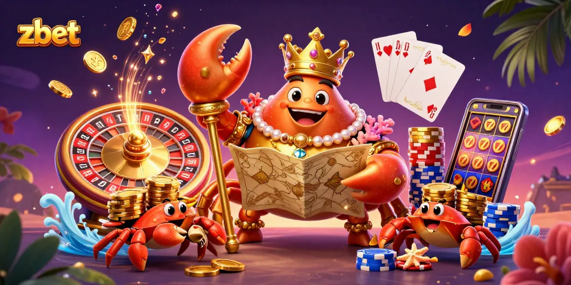 Experience the vibrant zbet gaming world with a golden crab emperor amid dynamic casino elements.
