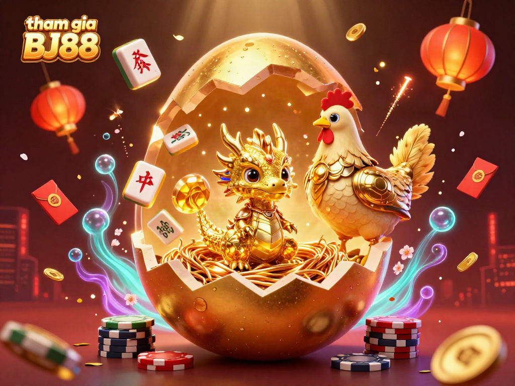 Join tham gia BJ88 with a vibrant scene of a golden egg, dragon, and poker chips in a casino ambiance.