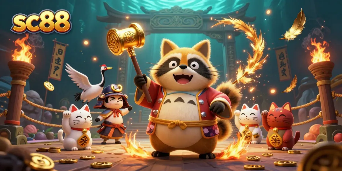 Experience thrilling games at sc88 with colorful maneki-neko and festive characters in a lively casino scene