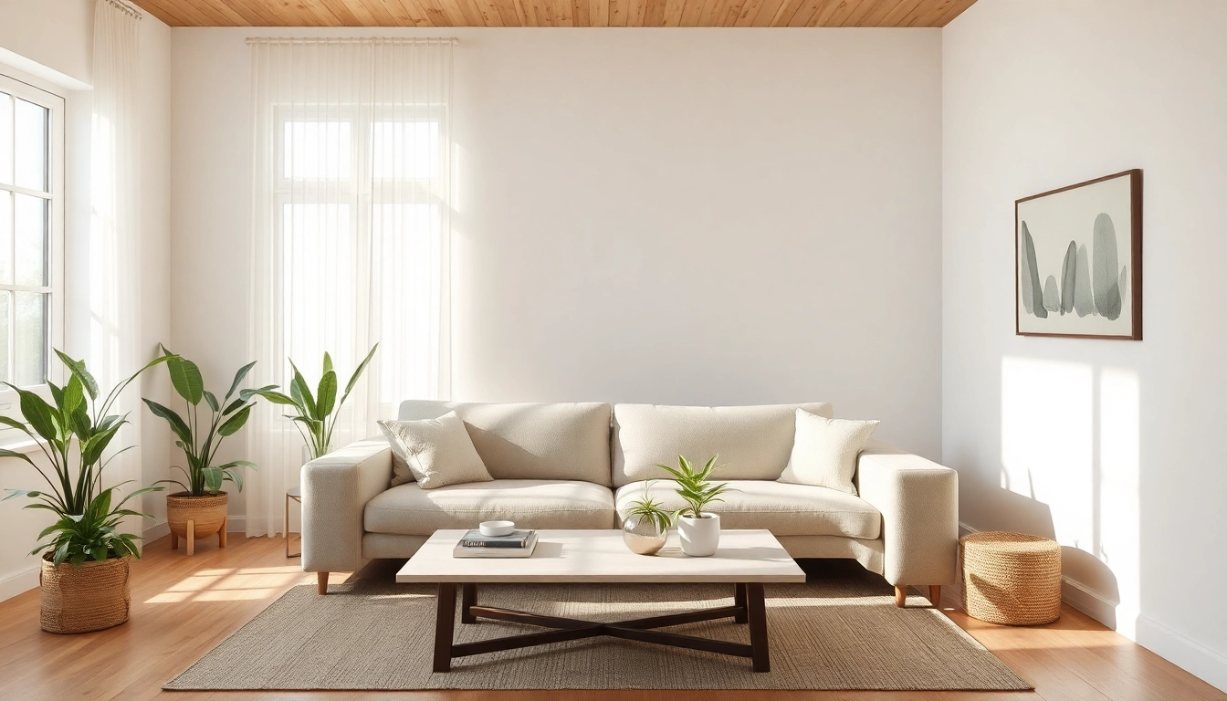 Ein minimalistisches Wohnzimmer mit warmer Lichtgestaltung für harmonische Raumgestaltung.