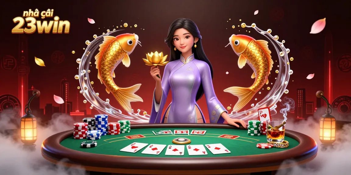 Experience the casino magic at nhà cái 23win with vibrant 3D illustration featuring a radiant woman and dynamic poker scene.