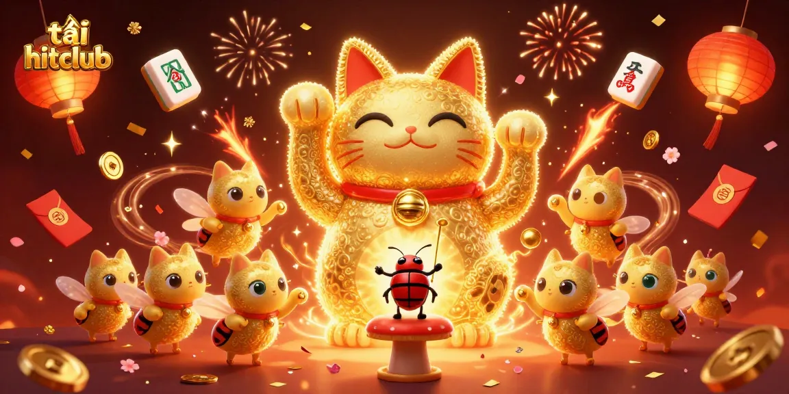 Engage with the thrilling experience of tải hitclub illustrated by a golden lucky cat amidst festive casino elements.