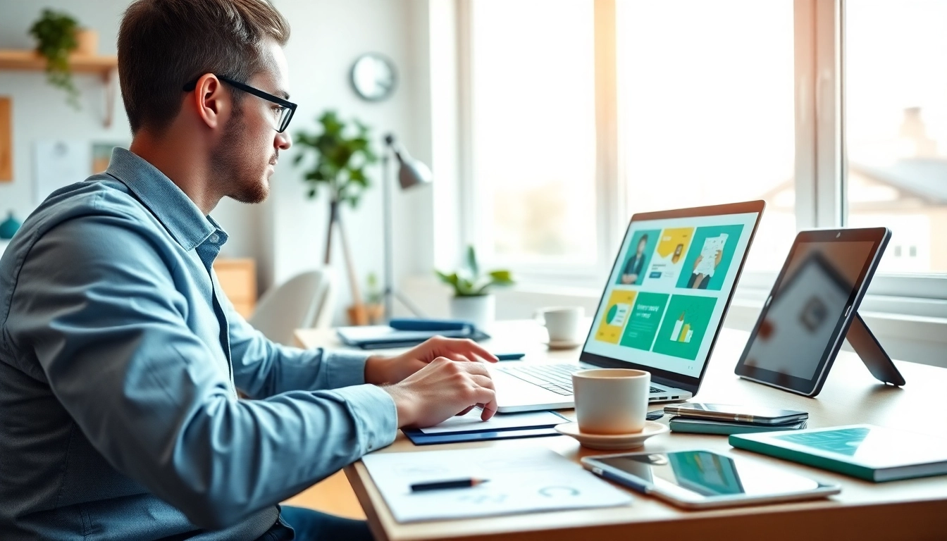Marcel Hüsig arbeitet an einem kreativen Webdesign am Laptop mit bunten Entwürfen.
