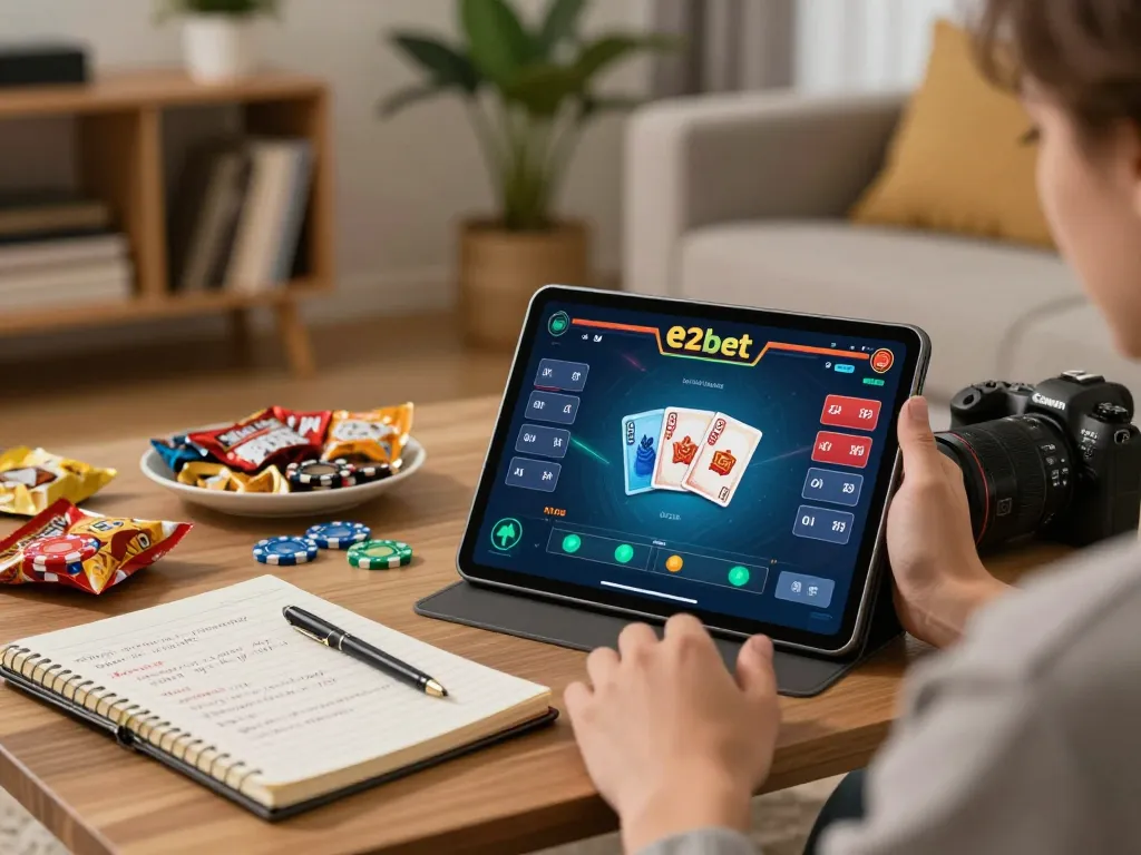Engaging with the e2bet game on a tablet in a cozy living room setting, illustrating online gaming.