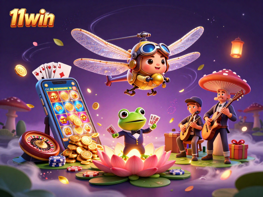 Experience the thrill of winning at 11win with a lively casino scene featuring unique characters and gaming action.