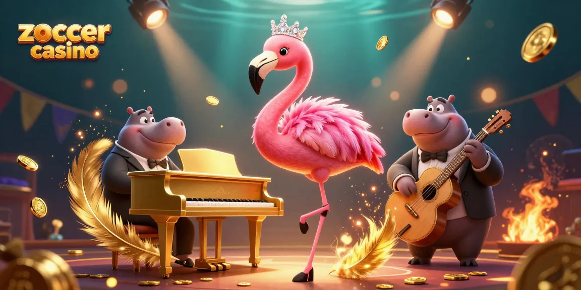 Zoccer casino celebrates with a flamingo singer and hippo bassist in a vibrant 3D illustration.