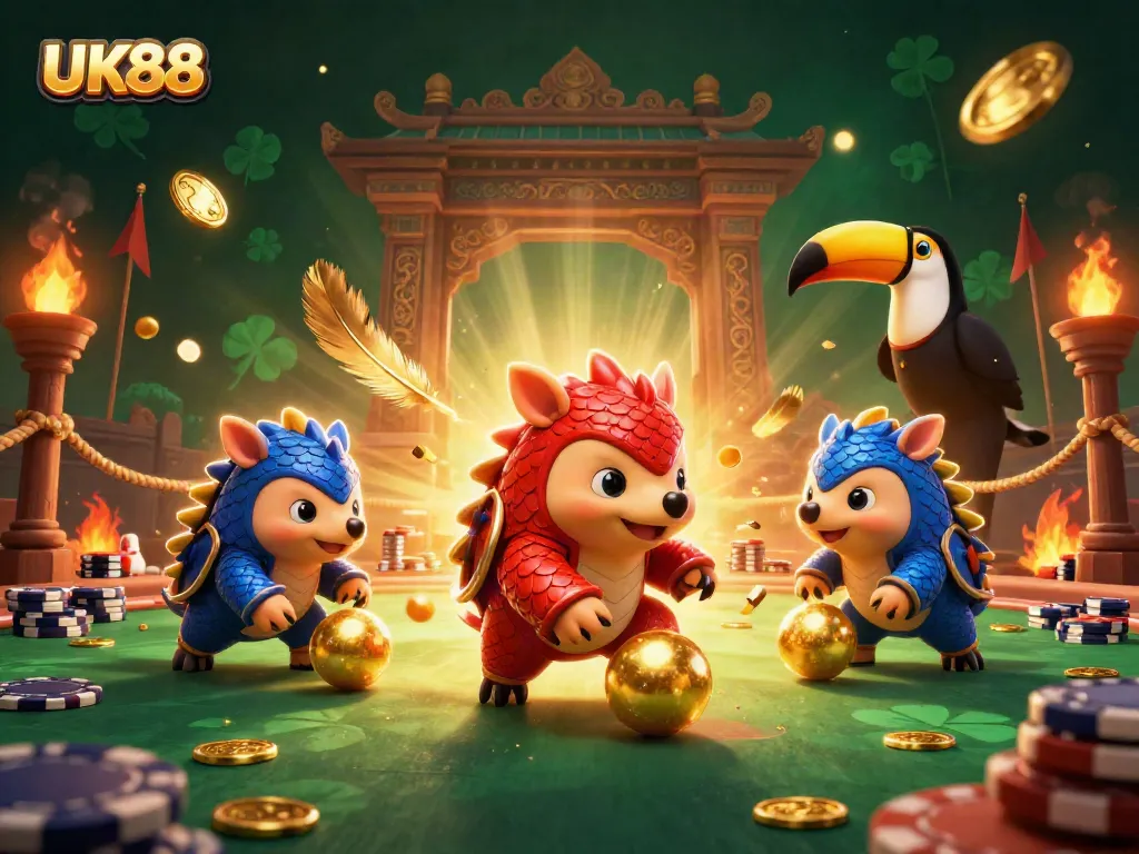 Experience the excitement of UK88 with rival pangolins competing in a vibrant casino showdown.