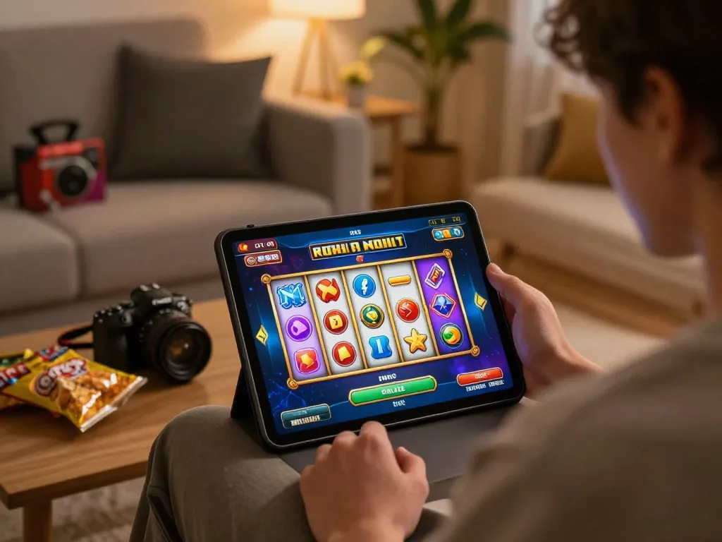 Playing the Nohu slot game on a tablet in a cozy home environment with vibrant colors.