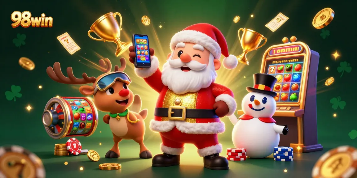 Experience exciting gameplay at 98win with Santa and friends celebrating jackpot slots!