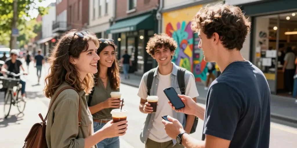 Young adult using the rokok88 app in a lively urban café environment.