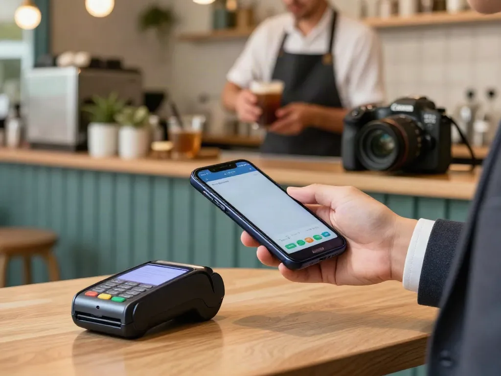 Mobile Zahlungsszene mit einem Kartenterminal auf einem Smartphone in einem modernen Café.