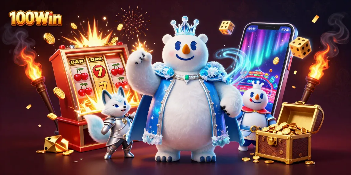 Win big with 100Win's vibrant 3D illustration showcasing a polar bear king and his fox companion surrounded by exciting casino elements.
