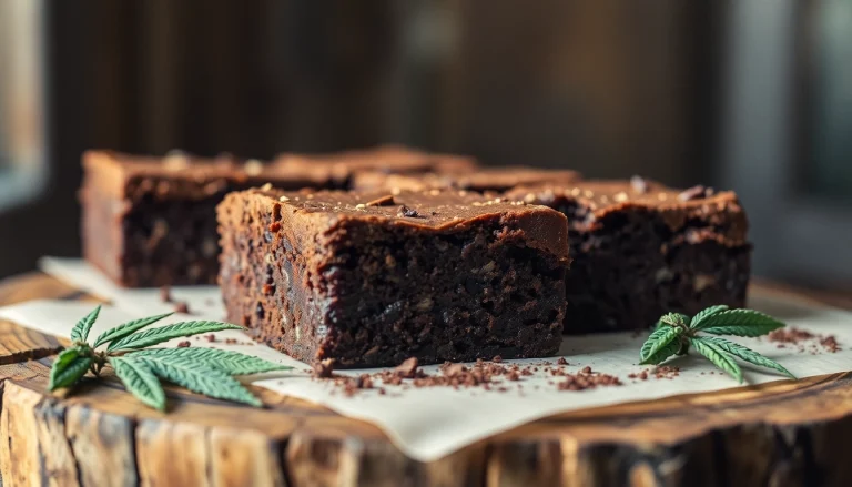 Frisch gebackene hashbrownies mit Kakaopulver und Cannabisdekor auf einem Holzbrett.