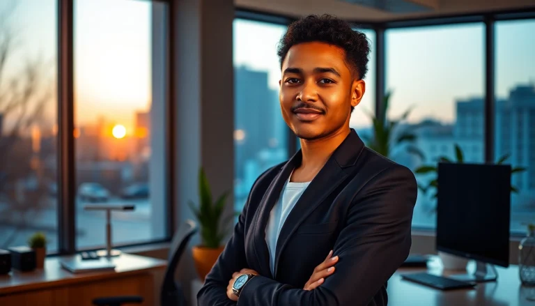 Create a stunning ai professional photo of a diverse young professional confidently posing in a well-lit office space, showcasing their approachable demeanor.