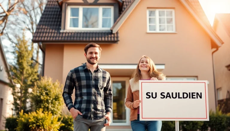 Familie vor ihrem zukünftigen Haus beim Hauskauf - Freude und Aufregung in der Luft.