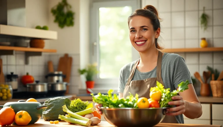 Frau bereitet gesunde Mahlzeit in der Küche für Gewichtsverlust und Wohlbefinden.