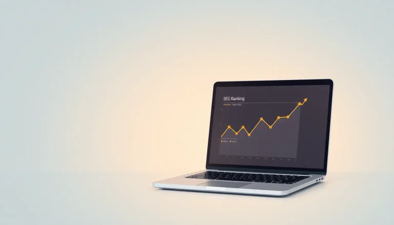 Visualisiere das SEO-Ranking mit einem Laptop und Wachstumstrends, die Professionalität ausstrahlen.