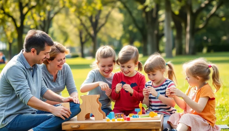 Kindererziehung durch spielerisches Lernen im Park mit Eltern und Kindern in fröhlicher Interaktion.