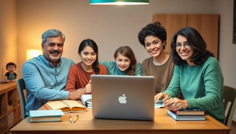 Familie im Heimunterricht: Eltern und Kinder lernen gemeinsam am Tisch, umgeben von Schulmaterialien.
