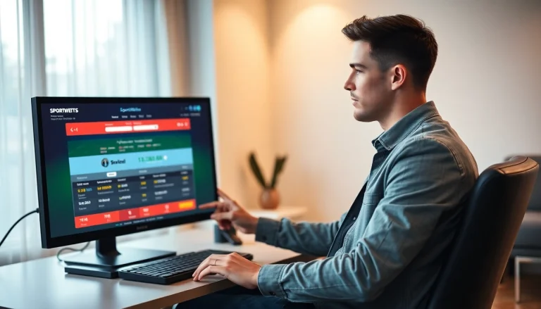 Junger Mann, der leidenschaftlich auf Sportwetten ohne Einzahlungslimit setzt, während er am Computer sitzt.